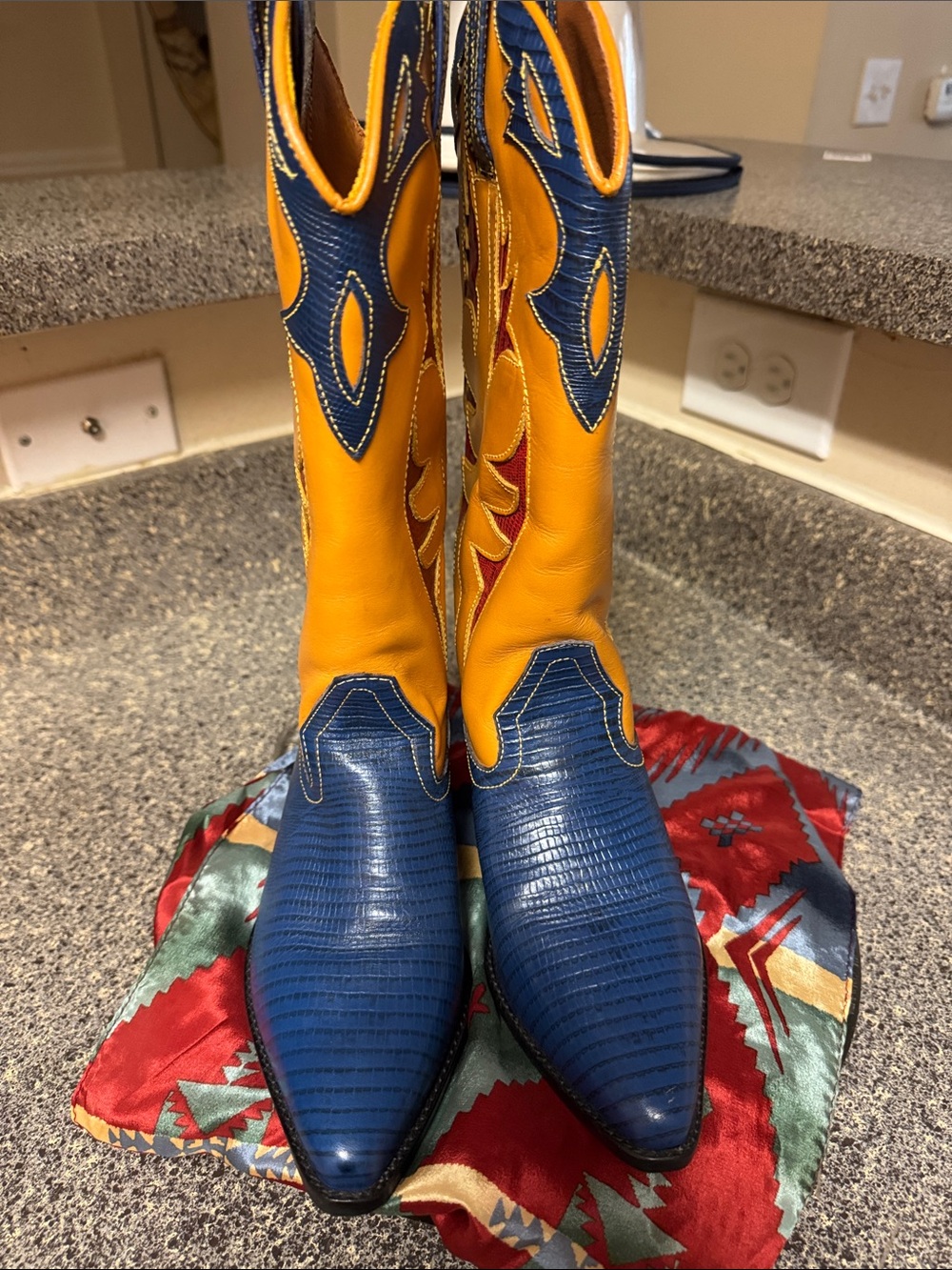 Women's Blue and Yellow Western Heeled Boots